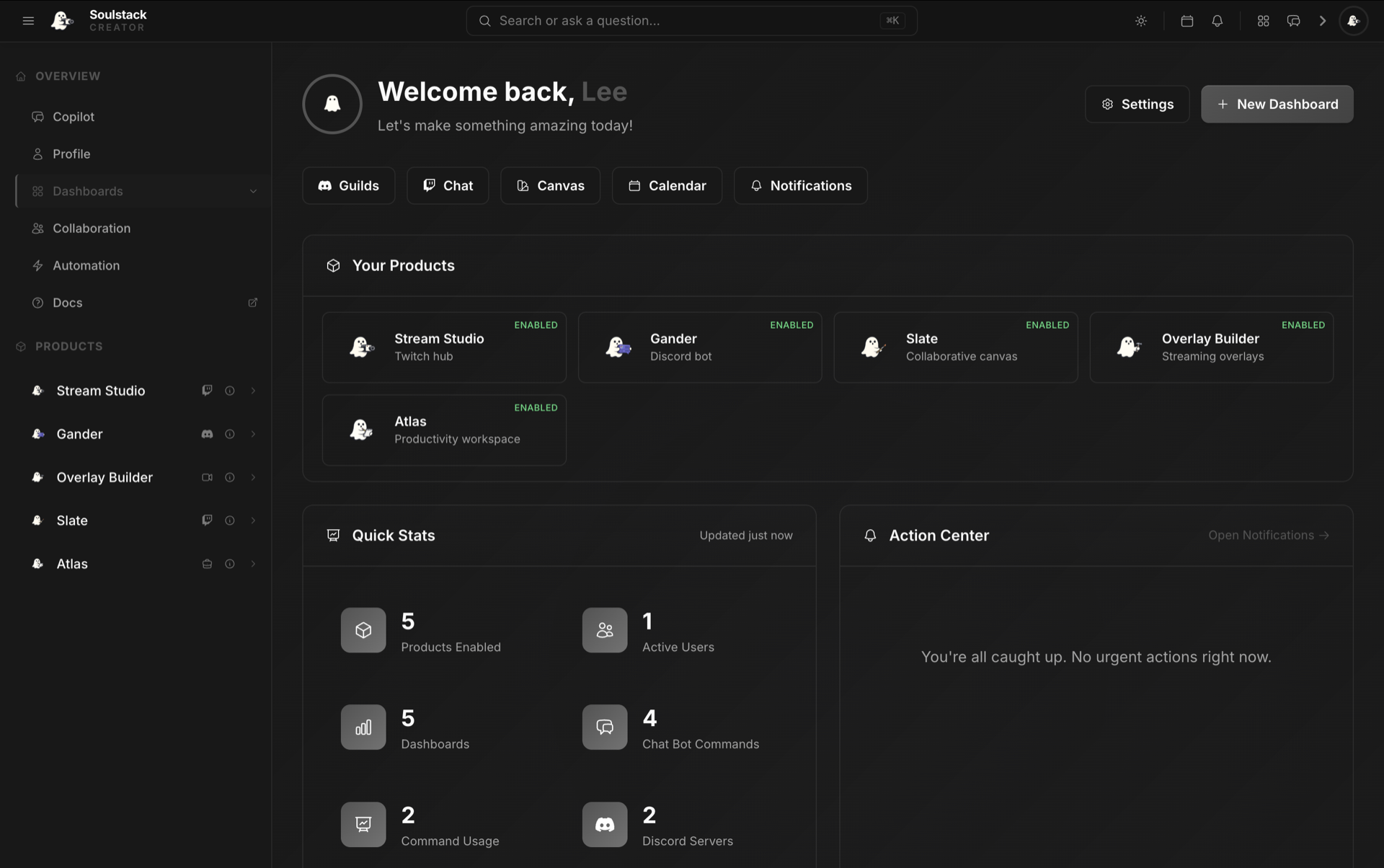 Creator Console dashboard with quick stats and product nav